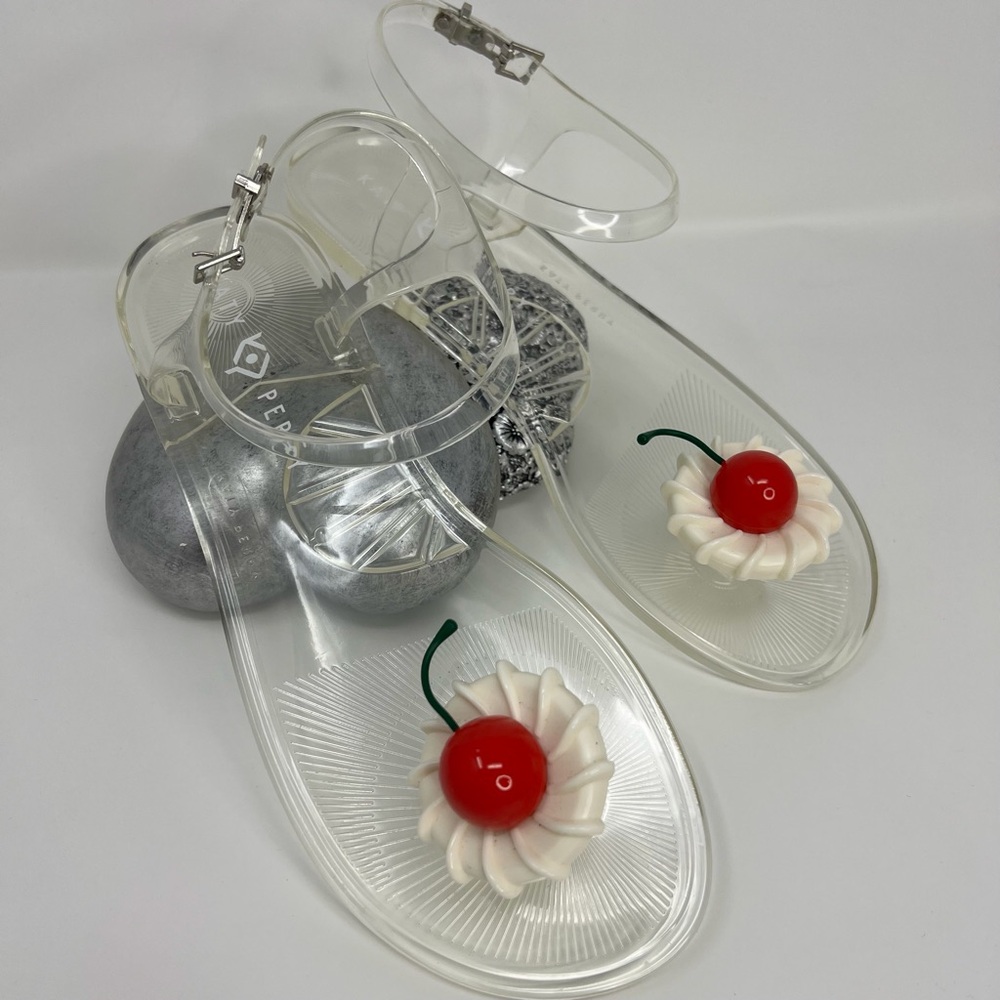 Katy Perry Collections Clear Jelly Sandals with Red Cherry and White Flower - Picture 15 of 16